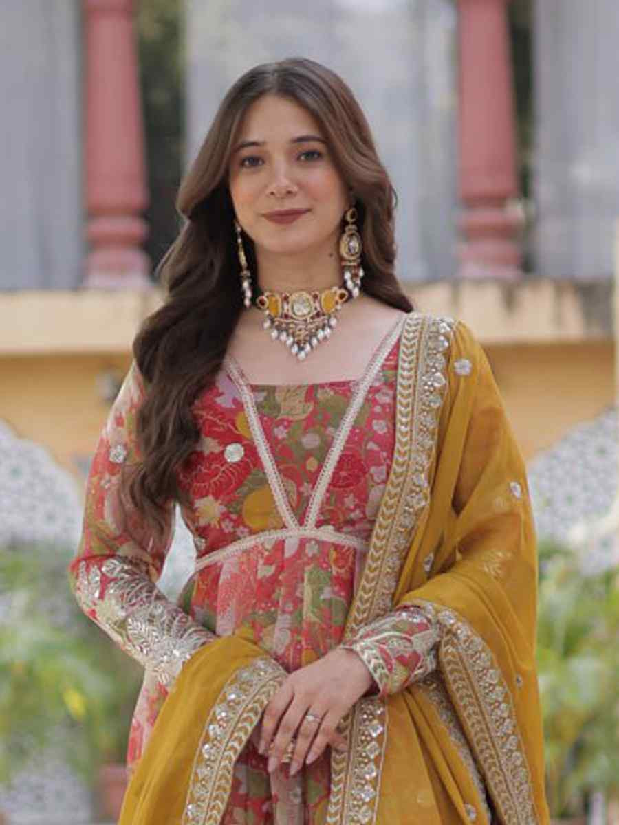 Multi Silk Embroidered Festival Party Gown