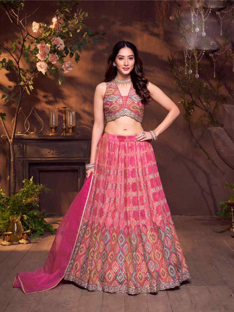 Image of Multi Silk Embroidered Wedding Reception Festival Ready Heavy Border Lehenga Choli