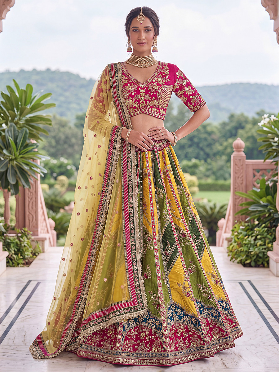 Multi Silk Embroidery Zari Wedding Reception Party Festival Heavy Border Lehenga Choli