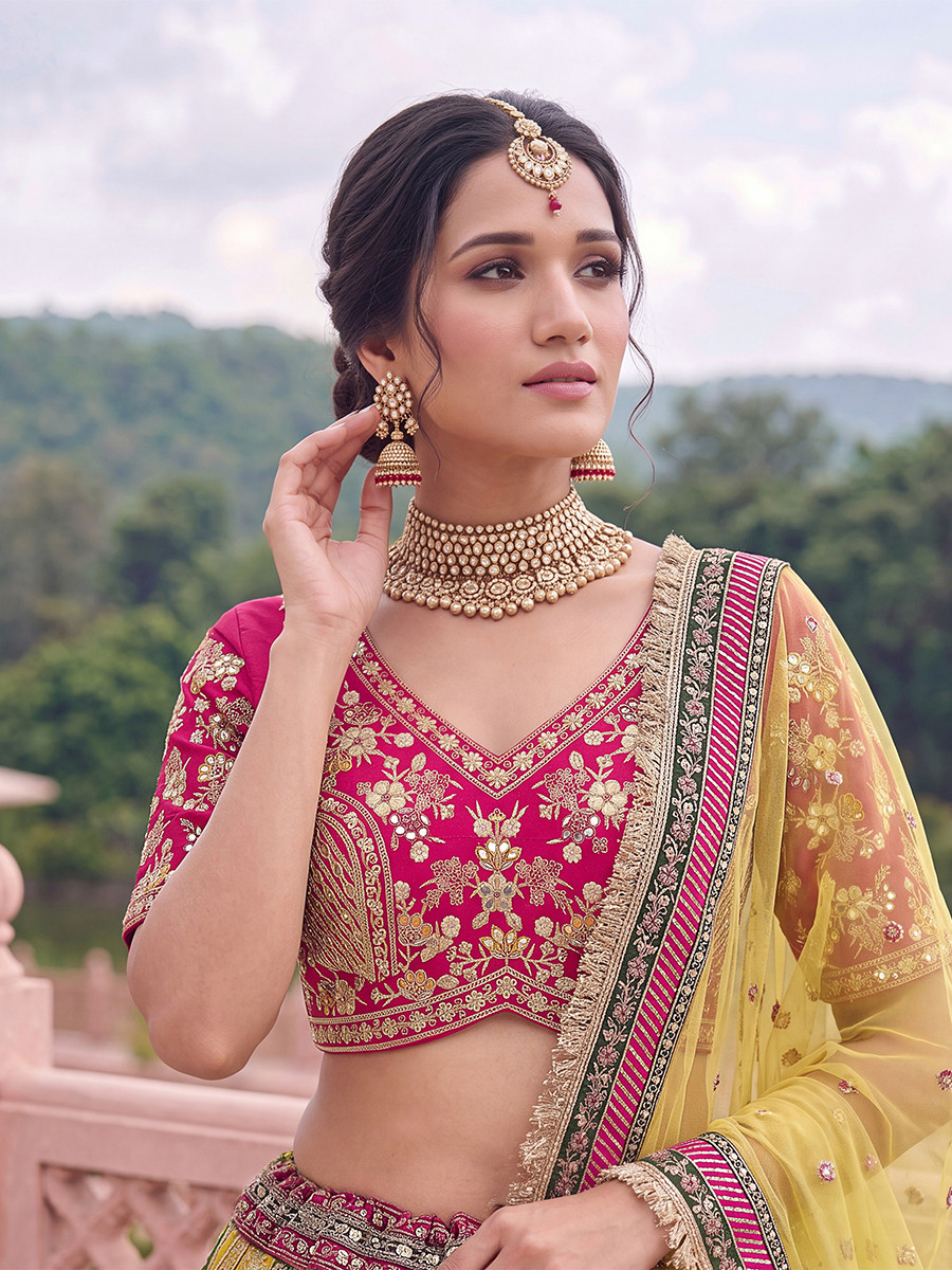Multi Silk Embroidery Zari Wedding Reception Party Festival Heavy Border Lehenga Choli