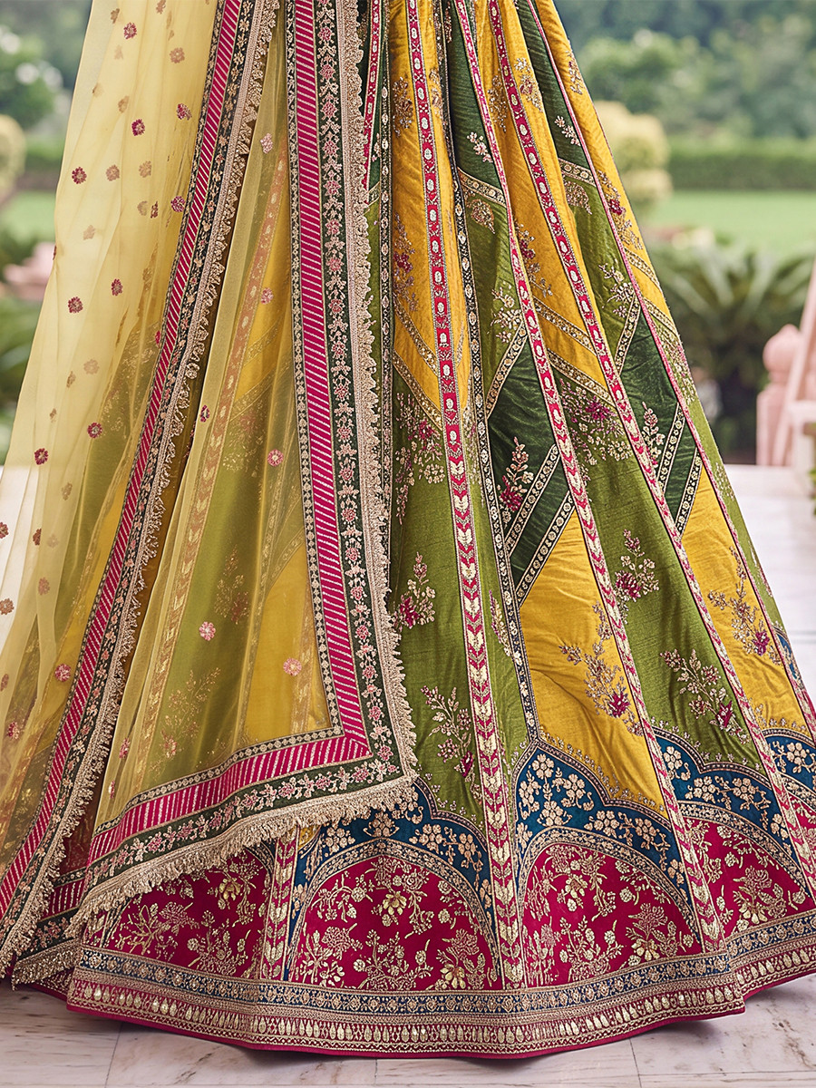 Multi Silk Embroidery Zari Wedding Reception Party Festival Heavy Border Lehenga Choli