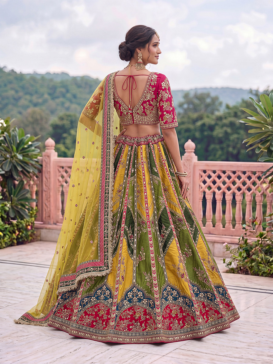 Multi Silk Embroidery Zari Wedding Reception Party Festival Heavy Border Lehenga Choli
