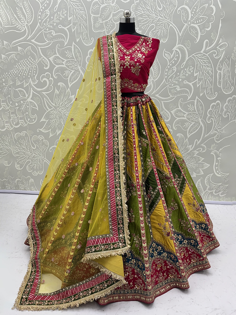 Multi Silk Embroidery Zari Wedding Reception Party Festival Heavy Border Lehenga Choli