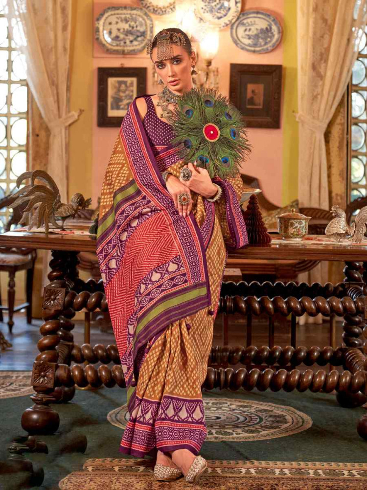 Image of Multi Silk Patola Printed Festival Wedding Fancy Heavy Border Saree