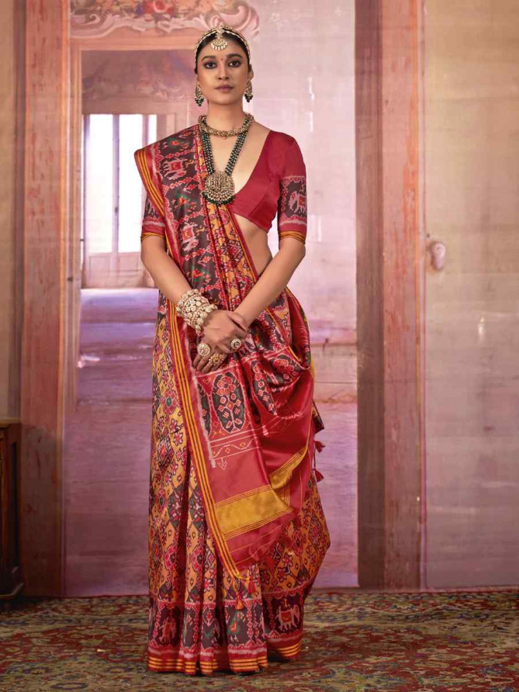 Image of Multi Silk Patola Printed Party Bridal Reception Festival Wedding Fancy Heavy Border Saree