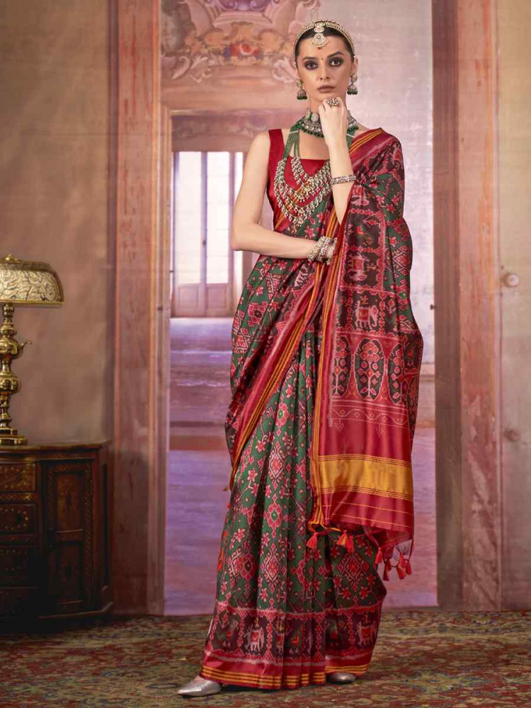 Image of Multi Silk Patola Printed Party Bridal Reception Festival Wedding Fancy Heavy Border Saree