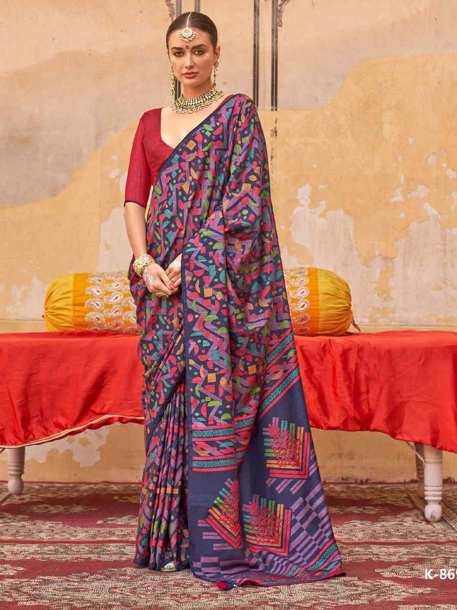 Multi Silk Printed Festival Wedding Fancy Heavy Border Saree