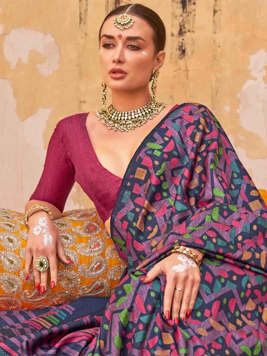 Multi Silk Printed Festival Wedding Fancy Heavy Border Saree