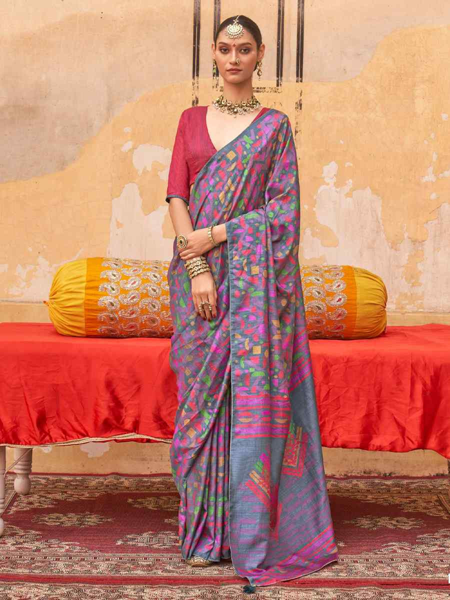 Multi Silk Printed Festival Wedding Fancy Heavy Border Saree