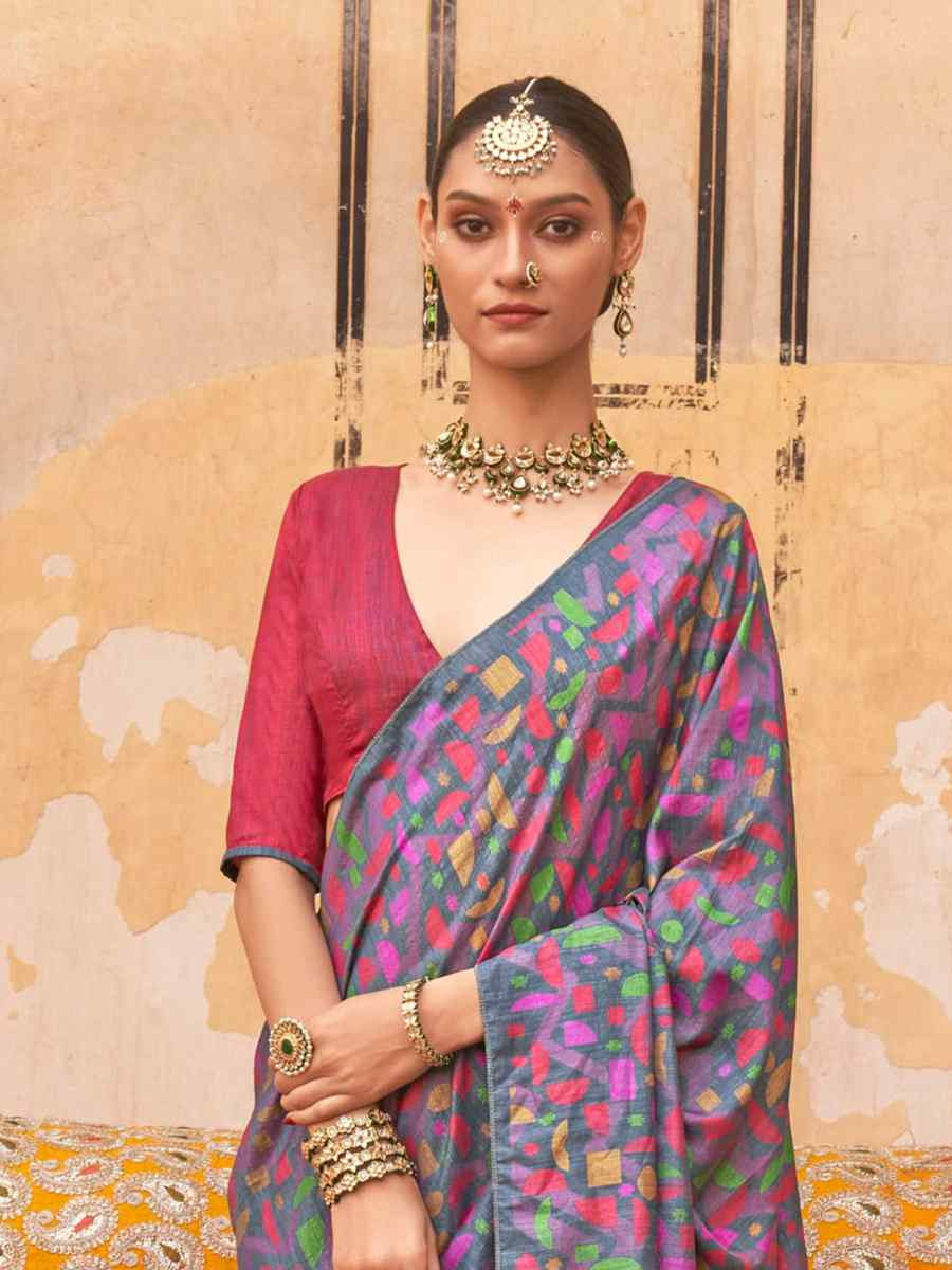 Multi Silk Printed Festival Wedding Fancy Heavy Border Saree