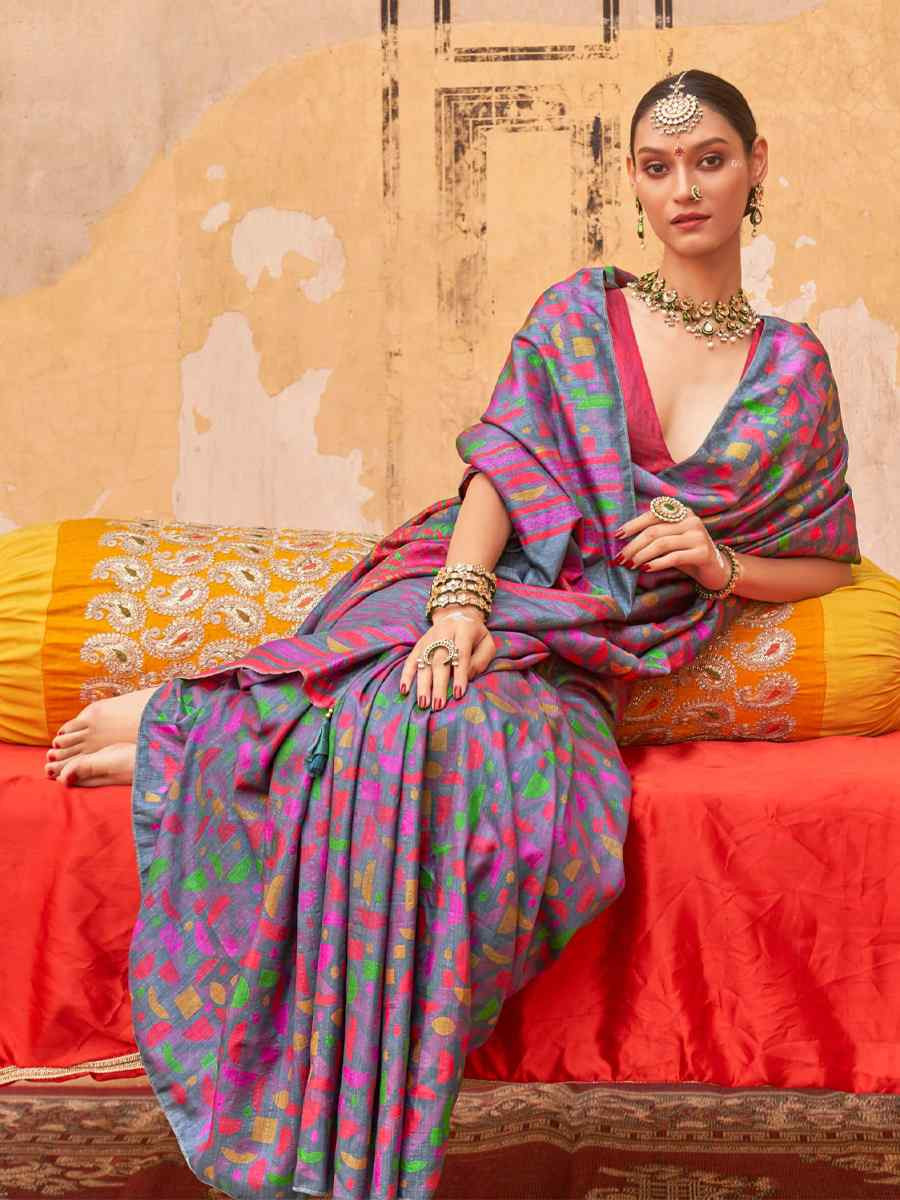 Multi Silk Printed Festival Wedding Fancy Heavy Border Saree