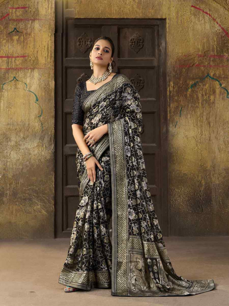 Image of Multi Silk Printed Traditional Bridal Reception Festival Wedding Fancy Heavy Border Sarees