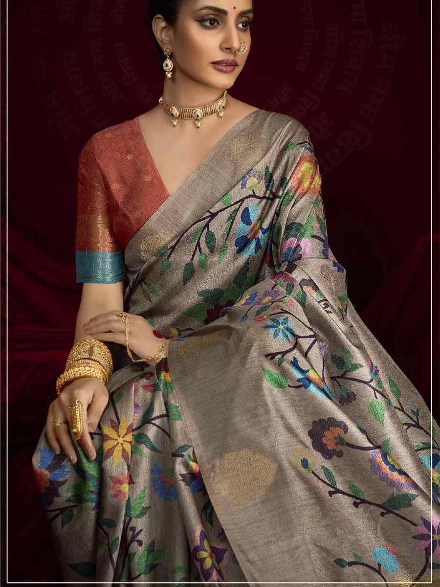Multi Silk Printed with Handwoven Festival Wedding Fancy Heavy Border Saree