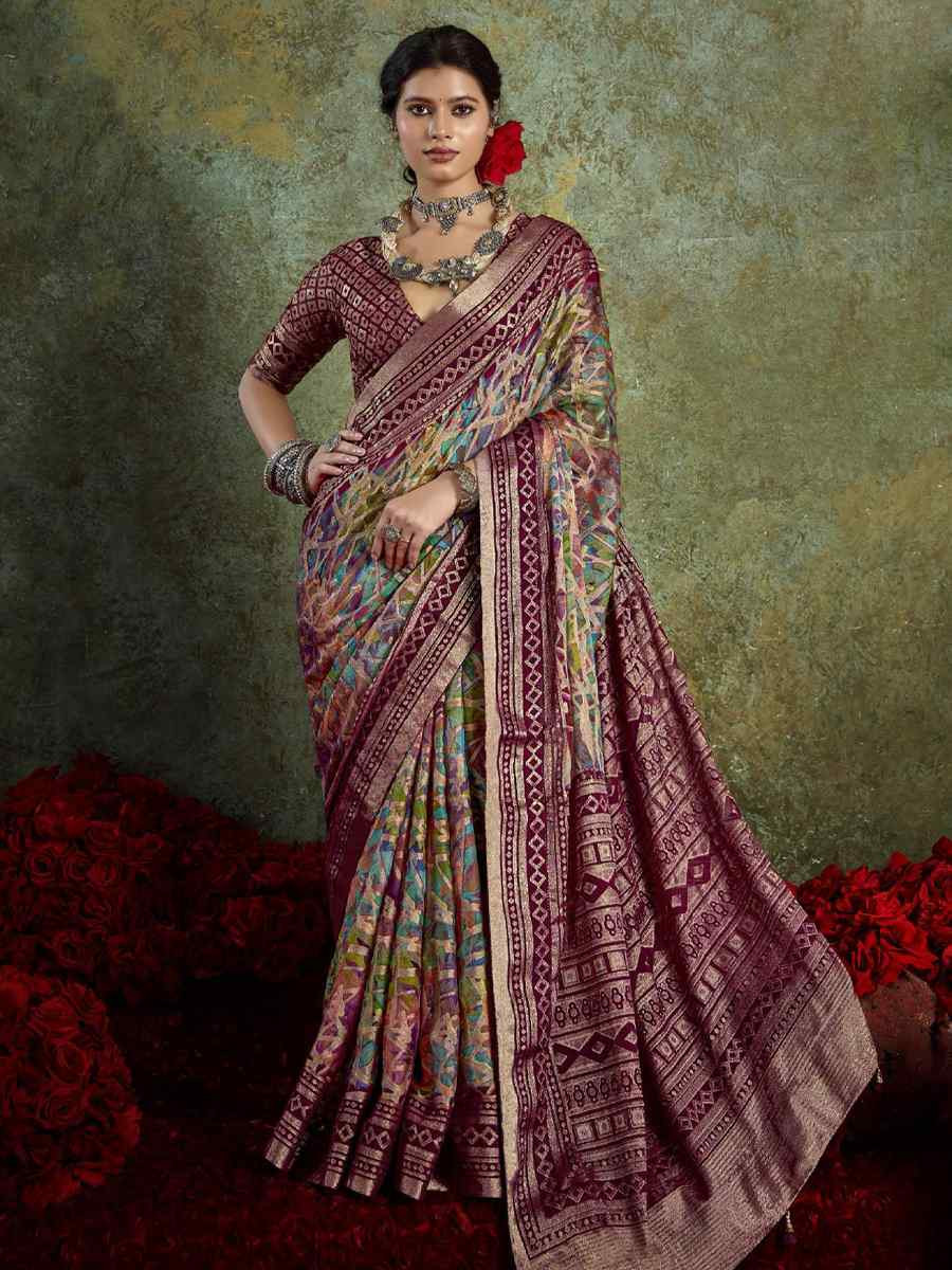 Multi Silk Printed with Handwoven Festival Wedding Fancy Heavy Border Saree