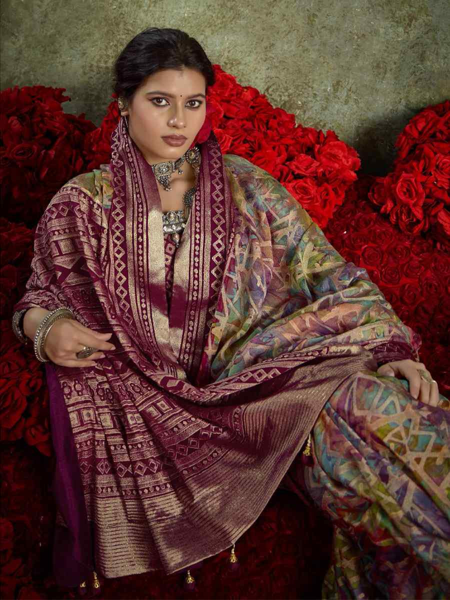 Multi Silk Printed with Handwoven Festival Wedding Fancy Heavy Border Saree