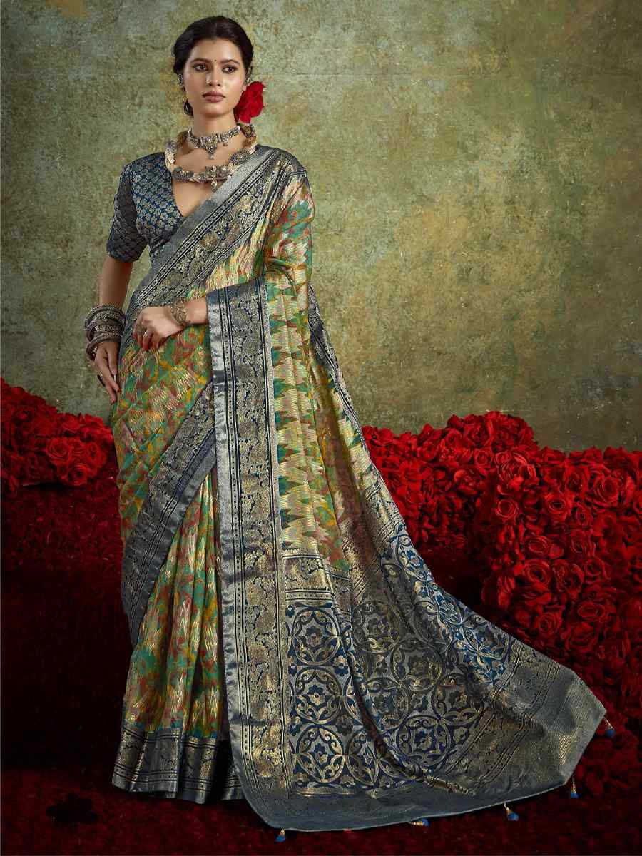 Multi Silk Printed with Handwoven Festival Wedding Fancy Heavy Border Saree