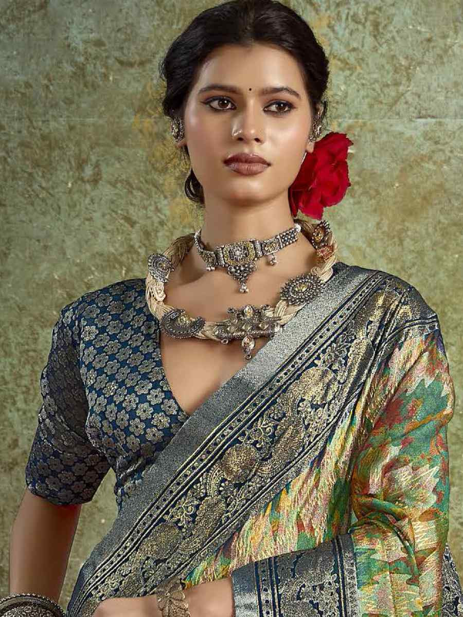 Multi Silk Printed with Handwoven Festival Wedding Fancy Heavy Border Saree