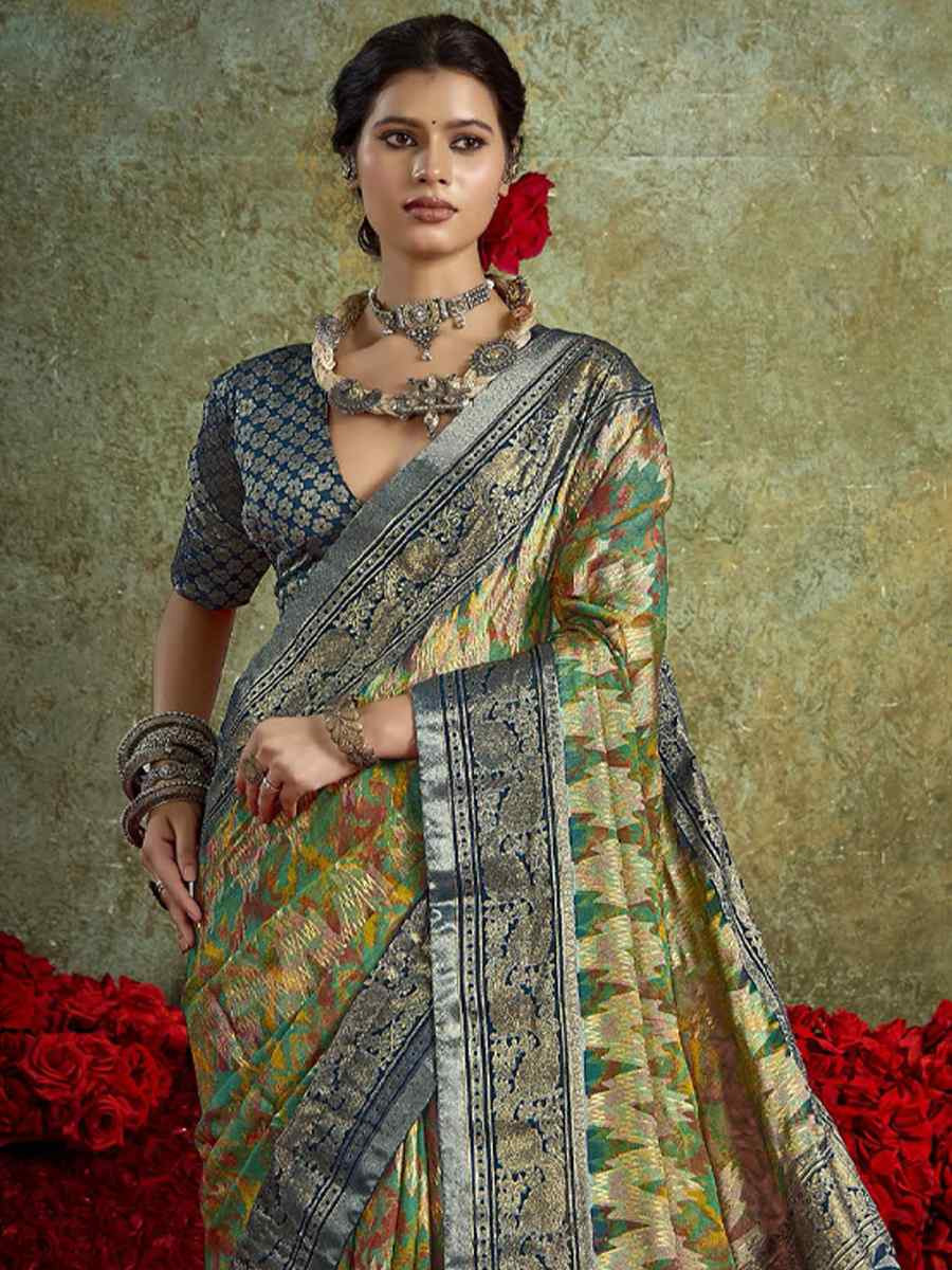 Multi Silk Printed with Handwoven Festival Wedding Fancy Heavy Border Saree