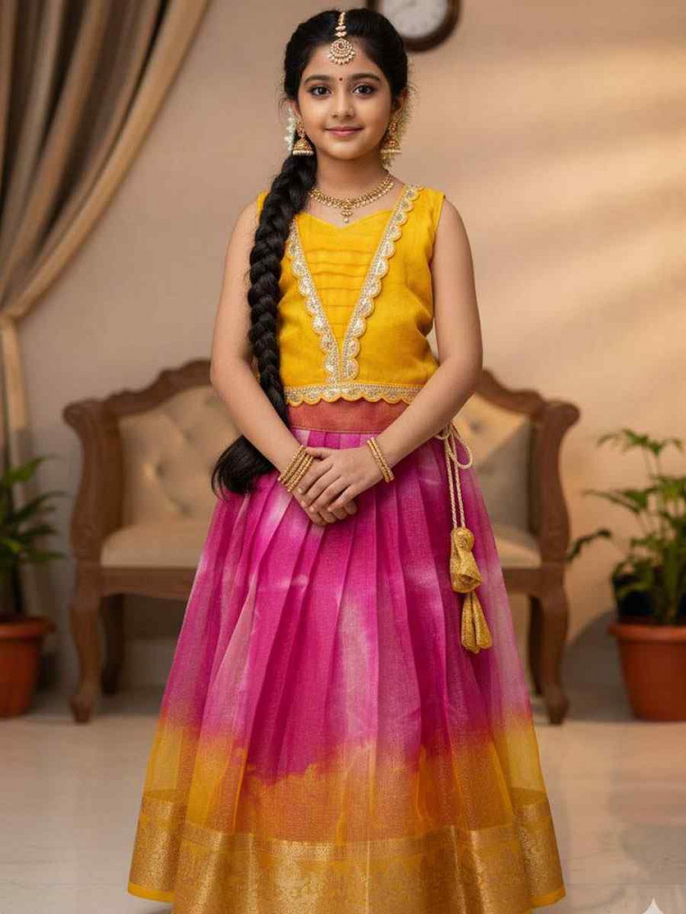 Image of Multi Simar Silk Embroidered Kids Wear Wedding Festival Lehengas Girls Wear