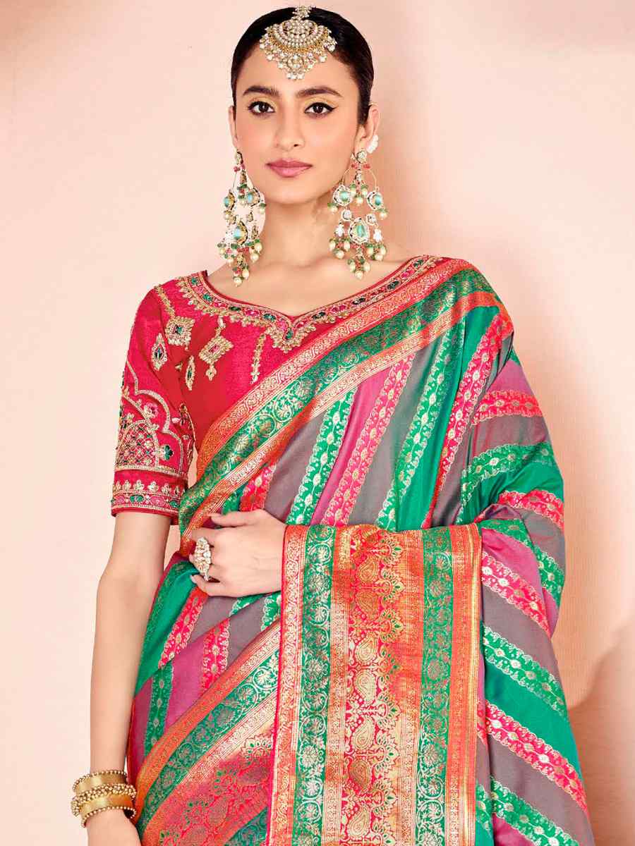 Multi Soft Banarasi Silk Embroidered Wedding Festival Heavy Border Saree