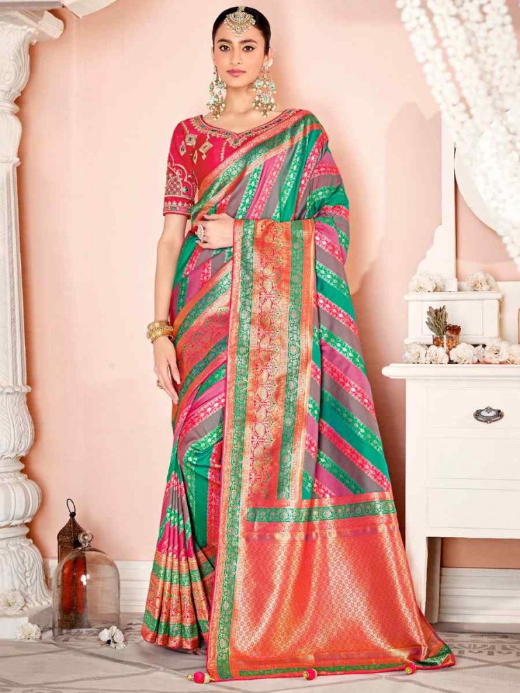 Multi Soft Banarasi Silk Embroidered Wedding Festival Heavy Border Saree