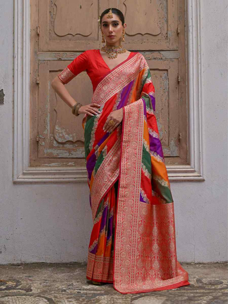 Image of Multi Soft Banarasi Silk Handwoven Casual Reception Festival Wedding Fancy Heavy Border Saree