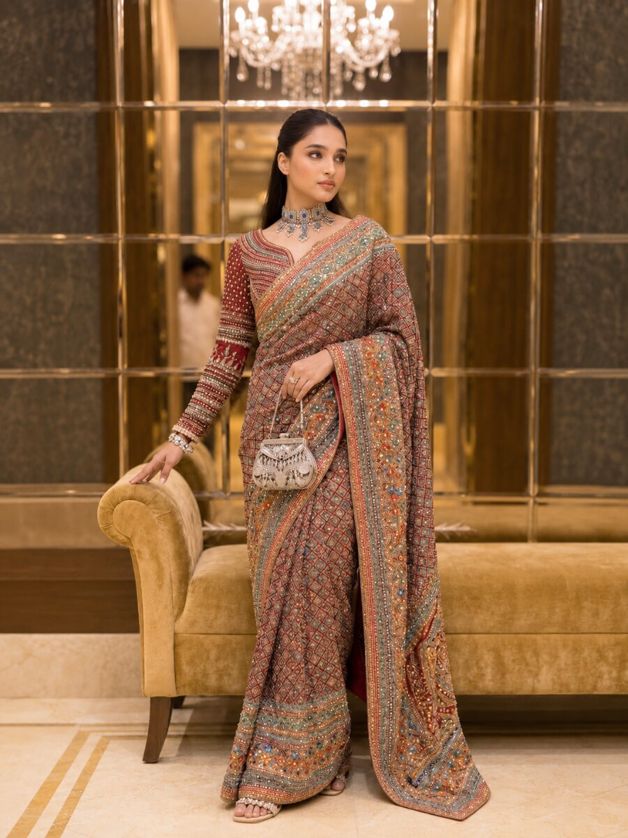 Multi Soft Chinon Silk Printed Mirror Handwork Wedding Party Reception Festival Casual Heavy Border Sarees