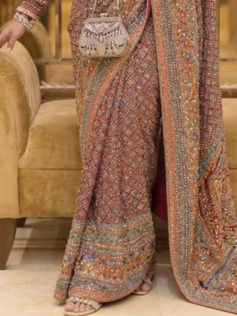 Multi Soft Chinon Silk Printed Mirror Handwork Wedding Party Reception Festival Casual Heavy Border Sarees