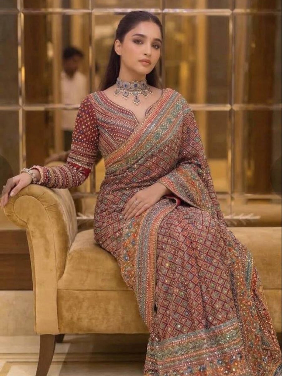Multi Soft Chinon Silk Printed Mirror Handwork Wedding Party Reception Festival Casual Heavy Border Sarees
