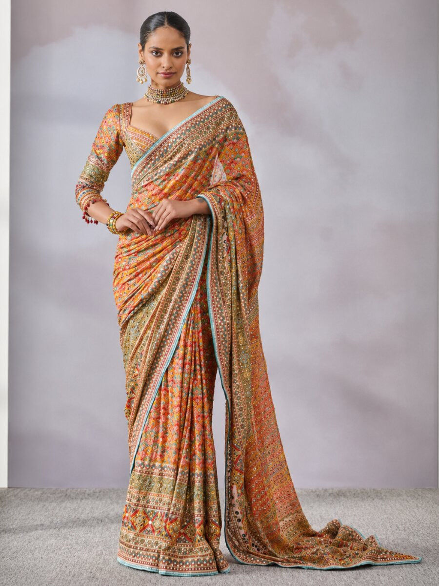 Multi Soft Chinon Silk Printed Mirror Handwork Wedding Party Reception Festival Casual Heavy Border Sarees