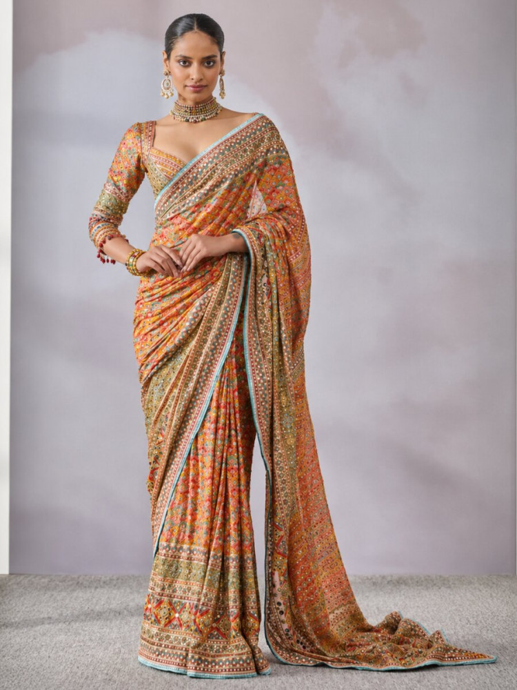 Image of Multi Soft Chinon Silk Printed  Mirror Handwork Wedding Party Reception Festival Casual Heavy Border Sarees