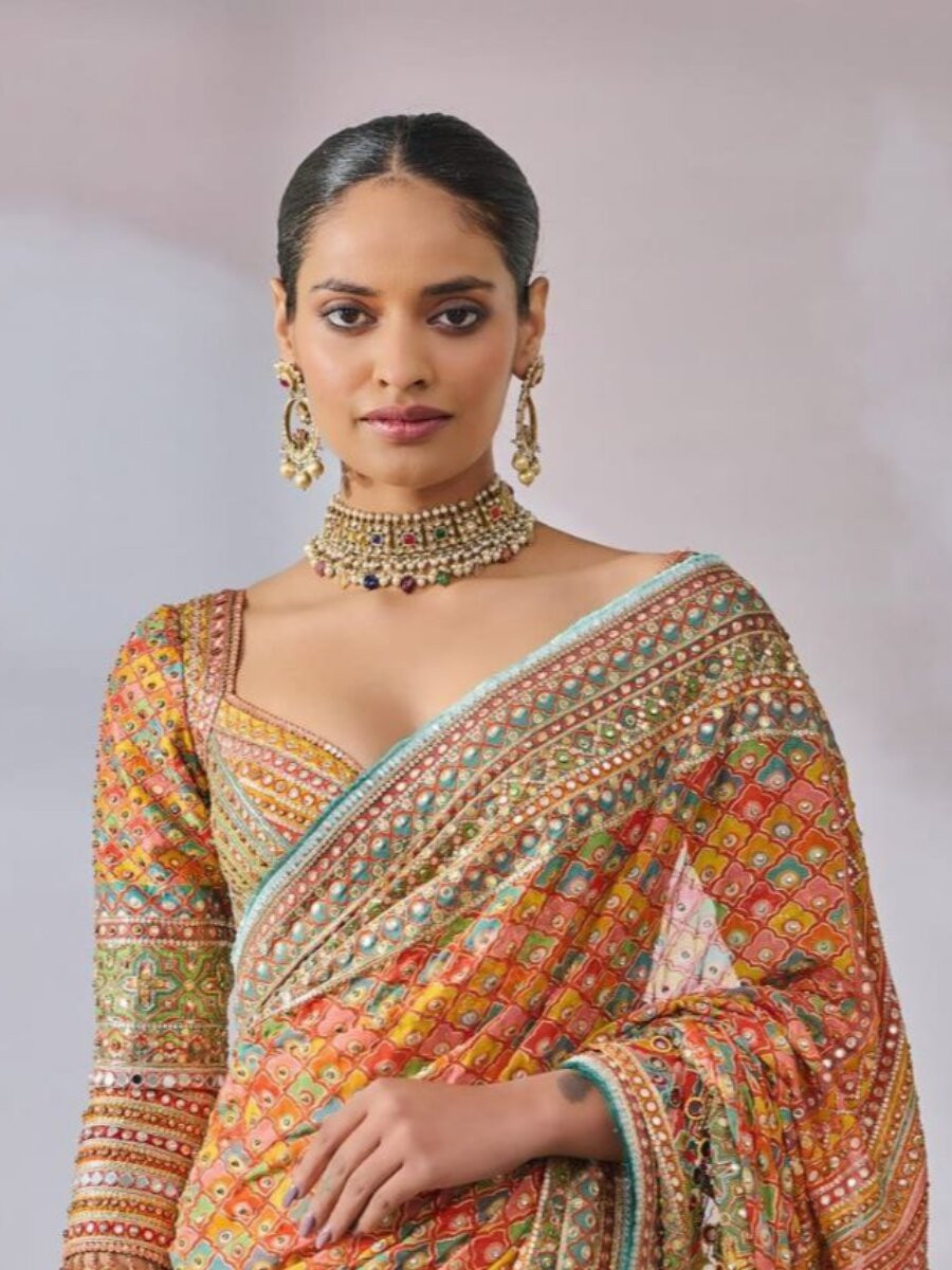 Multi Soft Chinon Silk Printed Mirror Handwork Wedding Party Reception Festival Casual Heavy Border Sarees