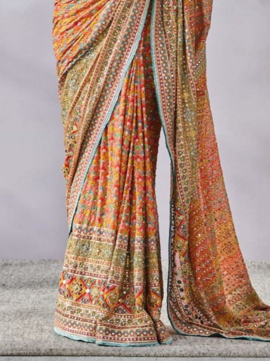 Multi Soft Chinon Silk Printed Mirror Handwork Wedding Party Reception Festival Casual Heavy Border Sarees