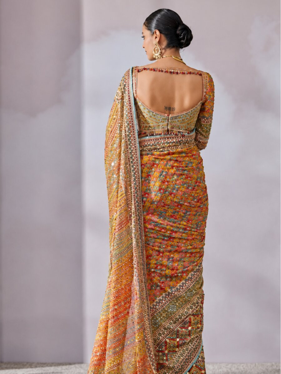 Multi Soft Chinon Silk Printed Mirror Handwork Wedding Party Reception Festival Casual Heavy Border Sarees