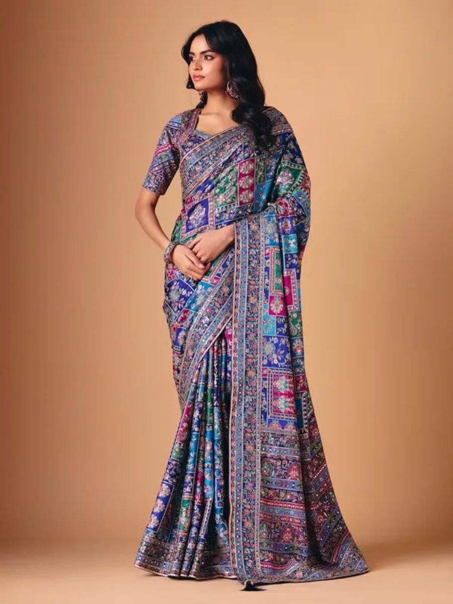 Multi Soft Chinon Silk Printed Mirror Handwork Wedding Party Reception Festival Casual Heavy Border Sarees