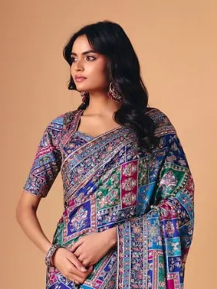 Multi Soft Chinon Silk Printed Mirror Handwork Wedding Party Reception Festival Casual Heavy Border Sarees