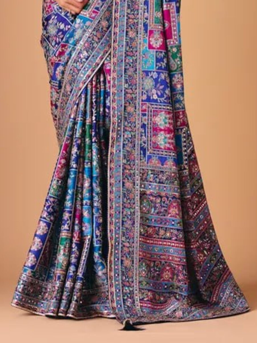 Multi Soft Chinon Silk Printed Mirror Handwork Wedding Party Reception Festival Casual Heavy Border Sarees