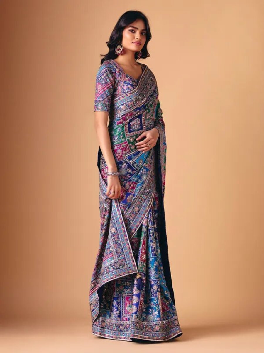 Multi Soft Chinon Silk Printed Mirror Handwork Wedding Party Reception Festival Casual Heavy Border Sarees