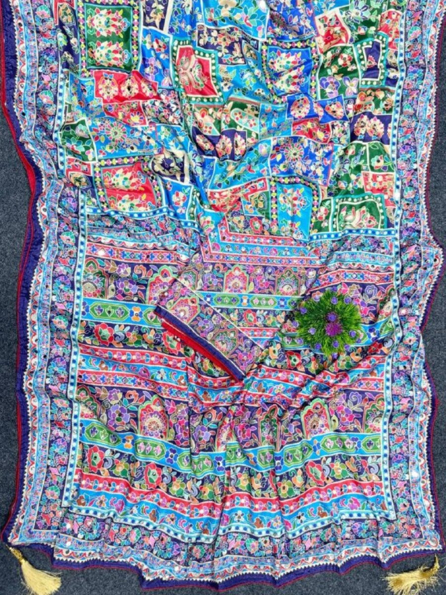Multi Soft Chinon Silk Printed Mirror Handwork Wedding Party Reception Festival Casual Heavy Border Sarees