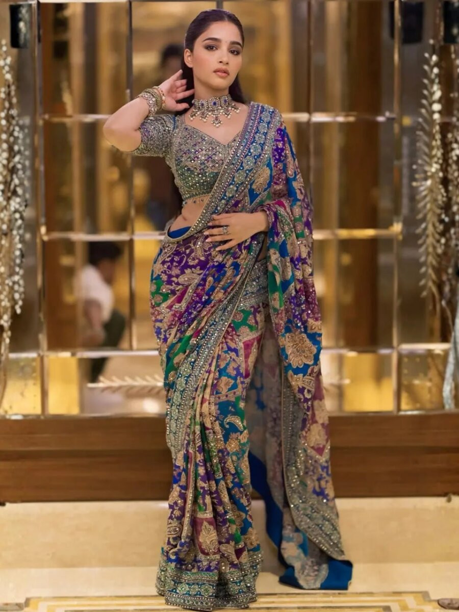 Multi Soft Chinon Silk Zari Hand Real Mirror Work Wedding Party Reception Festival Casual Heavy Border Sarees