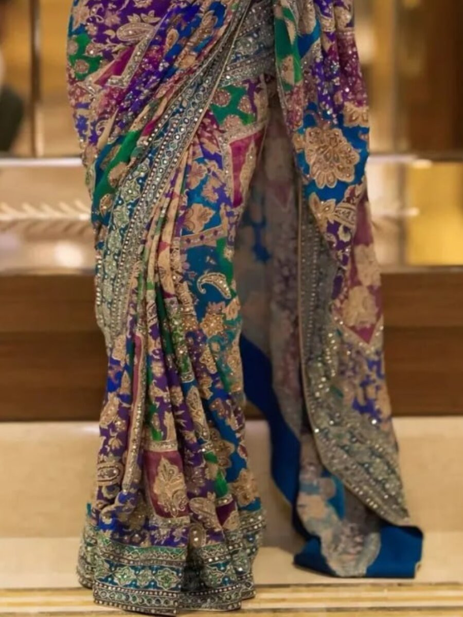Multi Soft Chinon Silk Zari Hand Real Mirror Work Wedding Party Reception Festival Casual Heavy Border Sarees