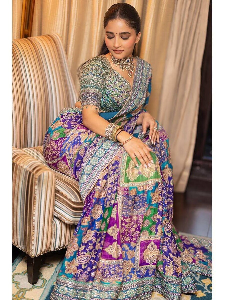 Multi Soft Chinon Silk Zari Hand Real Mirror Work Wedding Party Reception Festival Casual Heavy Border Sarees