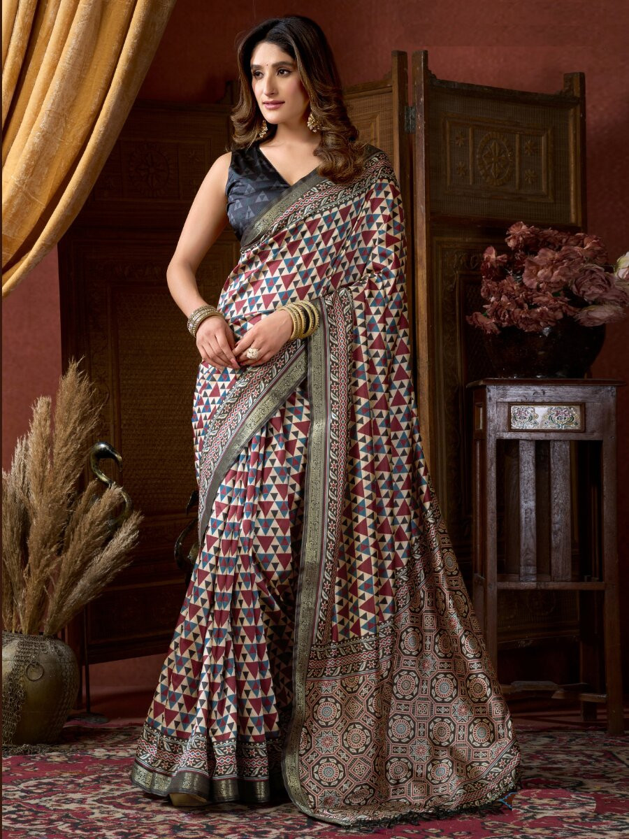 Multi Soft Crepe Silk Printed Wedding Reception Party Casual Heavy Border Sarees