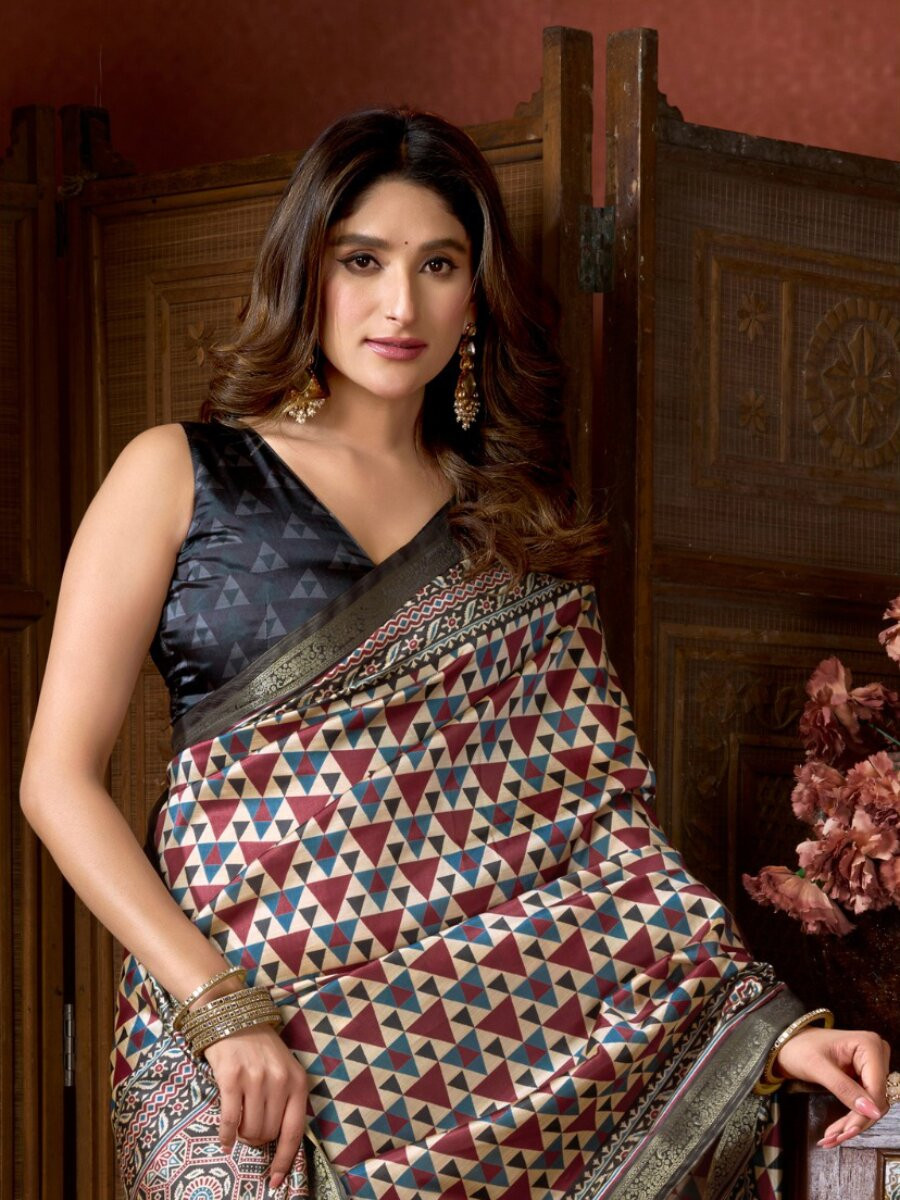 Multi Soft Crepe Silk Printed Wedding Reception Party Casual Heavy Border Sarees