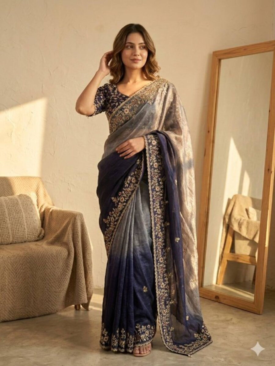 Multi Soft Frendy Chiffon Embroidery Sequins Wedding Reception Party Festival Casual Heavy Border Sarees