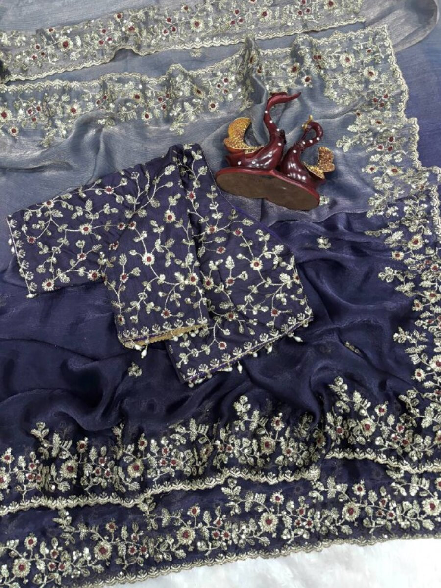 Multi Soft Frendy Chiffon Embroidery Sequins Wedding Reception Party Festival Casual Heavy Border Sarees