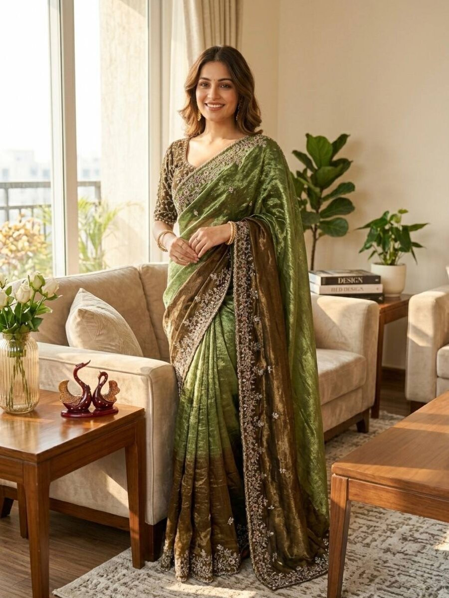 Multi Soft Frendy Chiffon Embroidery Sequins Wedding Reception Party Festival Casual Heavy Border Sarees