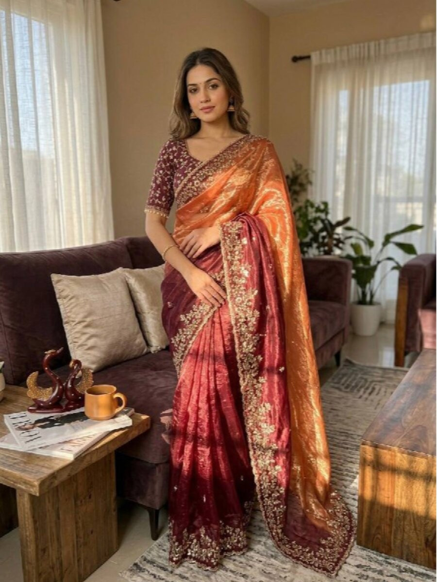 Multi Soft Frendy Chiffon Embroidery Sequins Wedding Reception Party Festival Casual Heavy Border Sarees