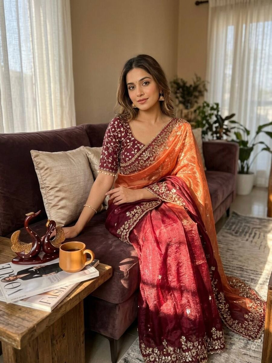 Multi Soft Frendy Chiffon Embroidery Sequins Wedding Reception Party Festival Casual Heavy Border Sarees