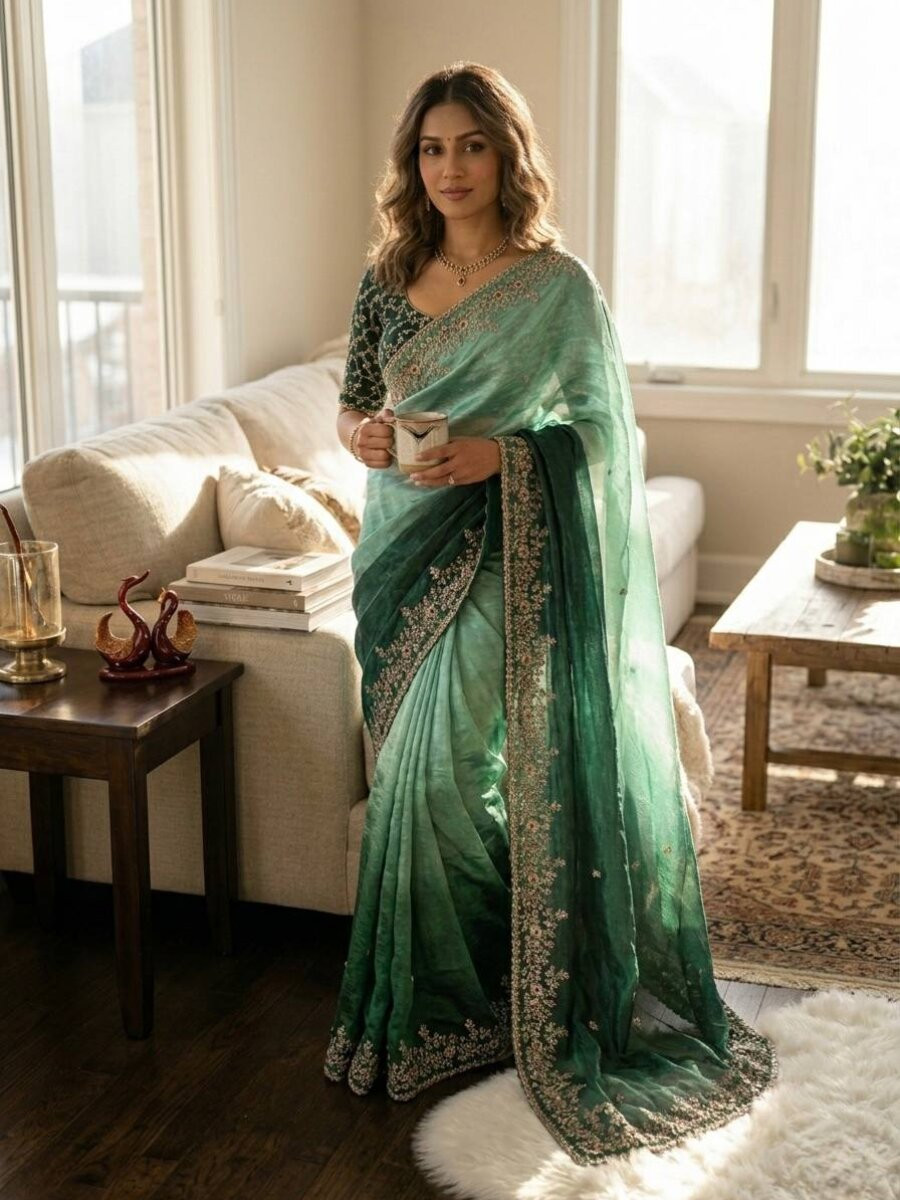Multi Soft Frendy Chiffon Embroidery Sequins Wedding Reception Party Festival Casual Heavy Border Sarees
